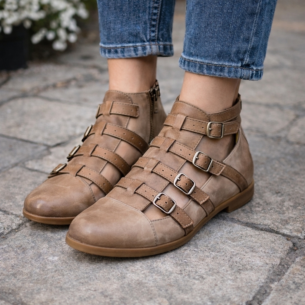 Lucky Brand Rustic Leather Strappy Buckle Booties Sandals Tan Cage Gladiator Zip